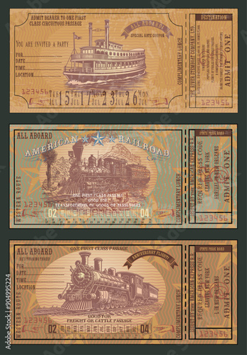 vector image of a set of vintage tickets for different retro transport