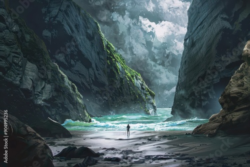 Standing tall amidst towering cliffs and crashing waves a lone wanderer finds solace in the embrace of natures grandeur