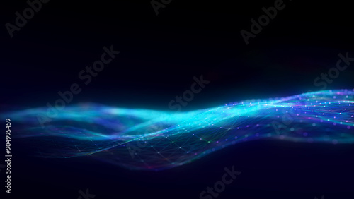 Wave of particles and lines. Big data visualization. Abstract color background with a dynamic wave. 3d rendering.