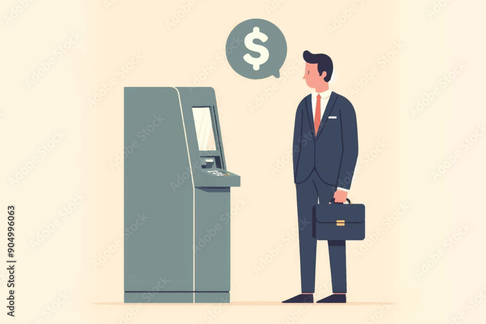 Illustration of a businessman using an ATM with money bags, coins, and a city skyline in the background, symbolizing financial transactions. Illustration of a businessman using an ATM with money bags, coins, and a city skyline in the background, symbolizing financial transactions.