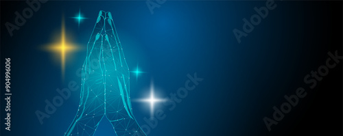Hand praying blue background. Hands pray two hands religion and spirituality concept.