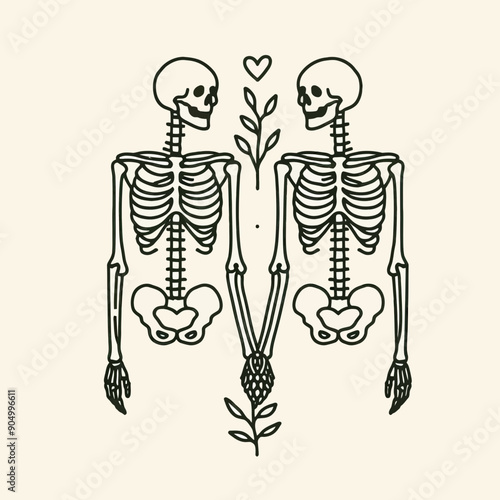  Skeleton couple holding hands Valentine Silhouette  Cute Doodle Cartoon Line Art Vector Clipart illustration 