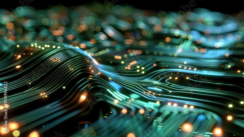 Dynamic wave of data flowing over semiconductor chips, representing data processing, data wave, the power of semiconductor data handling