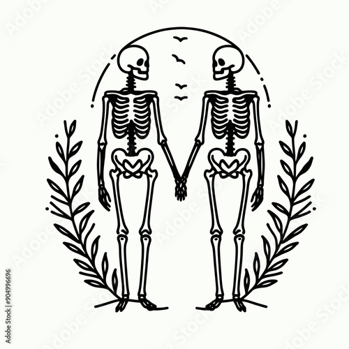  Skeleton couple holding hands Valentine Silhouette   Cute Doodle Cartoon Line Art Vector Clipart illustration