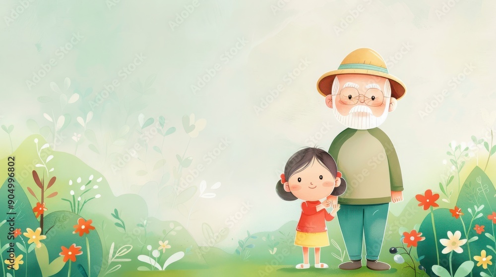 Naklejka premium Charming illustration of a grandfather and granddaughter in a colorful garden, showcasing love and family connections.