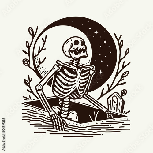  Skeleton emerging from a grave Silhouette  Cute Doodle Cartoon Line Art Vector Clipart illustration 