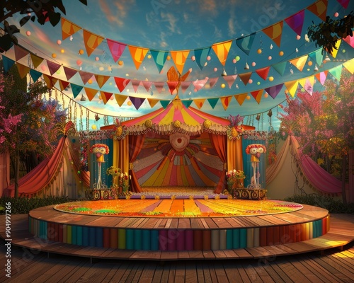 Realistic 3d stage set with flag for displaying junina party products in festive environment