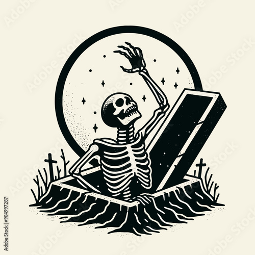  Skeleton emerging from a grave Silhouette  Cute Doodle Cartoon Line Art Vector Clipart illustration 