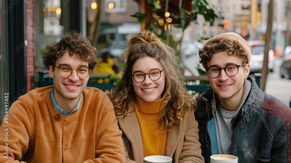 Three friends enjoy coffee together in a cozy cafe, showcasing warmth, laughter, and connections in a vibrant urban setting. Three friends enjoy coffee together in a cozy cafe, showcasing warmth, laughter, and connections in a vibrant urban setting.