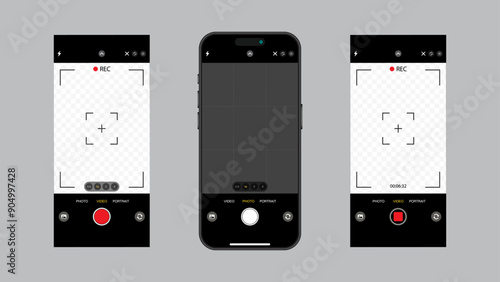 Smartphone Camera Interface: Viewfinder, Grid, Buttons, Lights, and Focus Controls in Mobile Photography Apps. Vector.