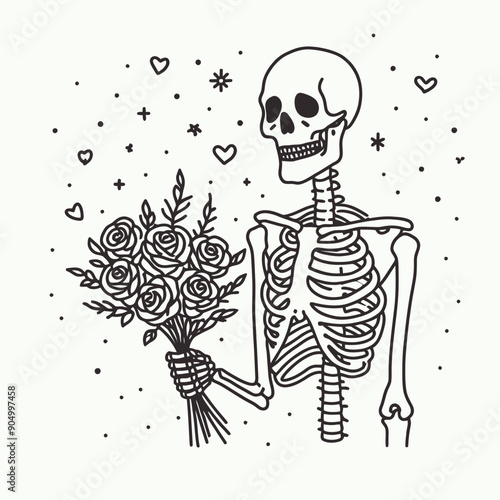  Skeleton giving a bouquet of roses Valentine Silhouette   Cute Doodle Cartoon Line Art Vector Clipart illustration