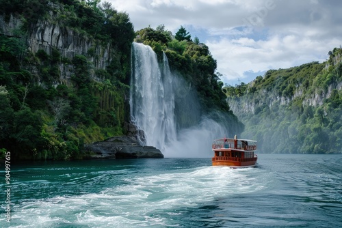 a boat in a body of water near a waterfall