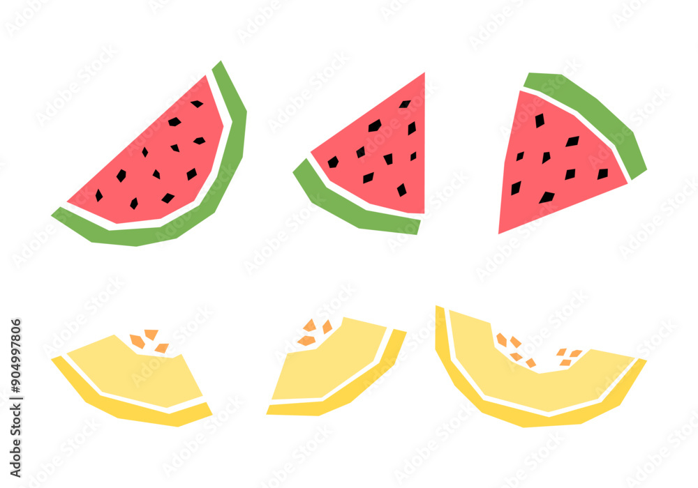 Set of cartoon watermelon and melon slice isolated on white. Geometric fruits collection elements for logo, print, design. Set of cartoon watermelon and melon slice isolated on white. Geometric fruits collection elements for logo, print, design.