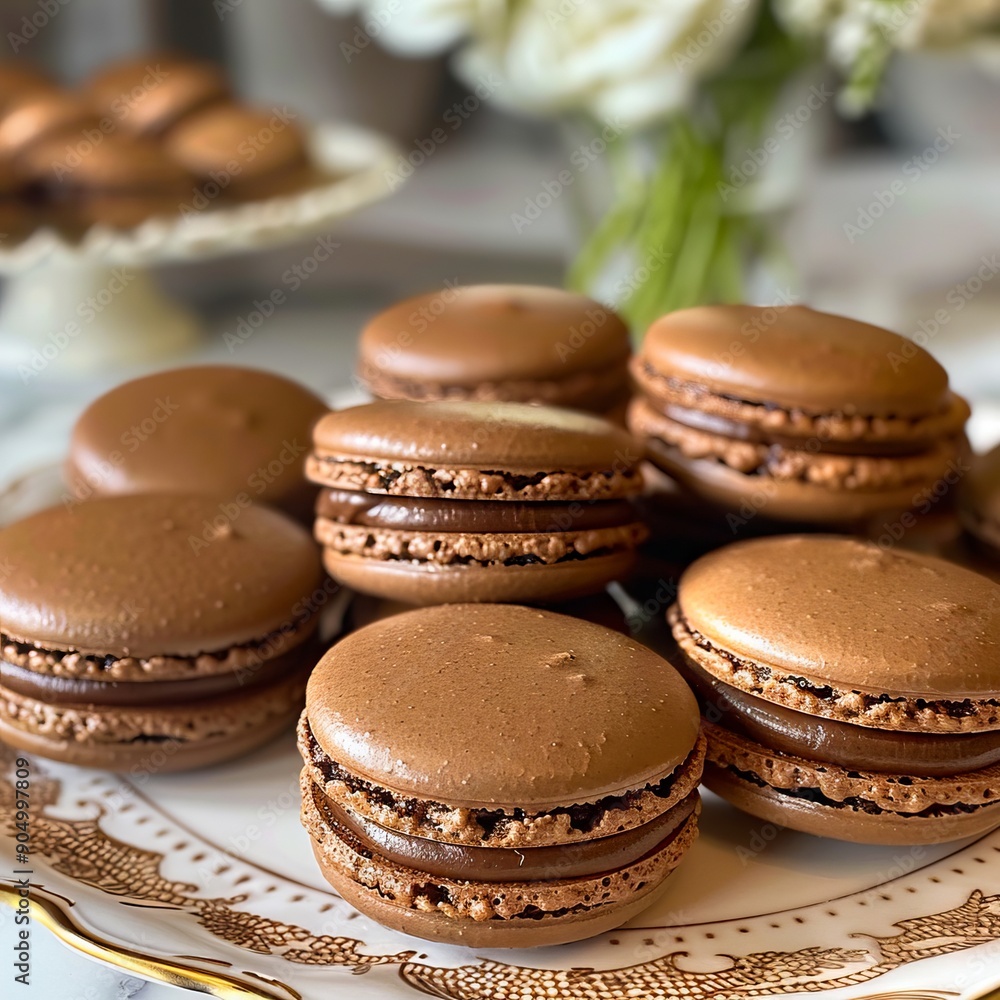 A plate of chocolate macarons on a table with flowers in the background A plate of chocolate macarons on a table with flowers in the background