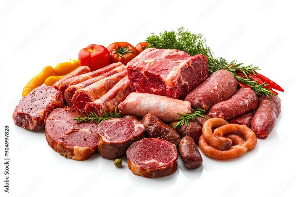 Meat assortment, different raw meat isolated on white background, full depth of field , ai Meat assortment, different raw meat isolated on white background, full depth of field , ai