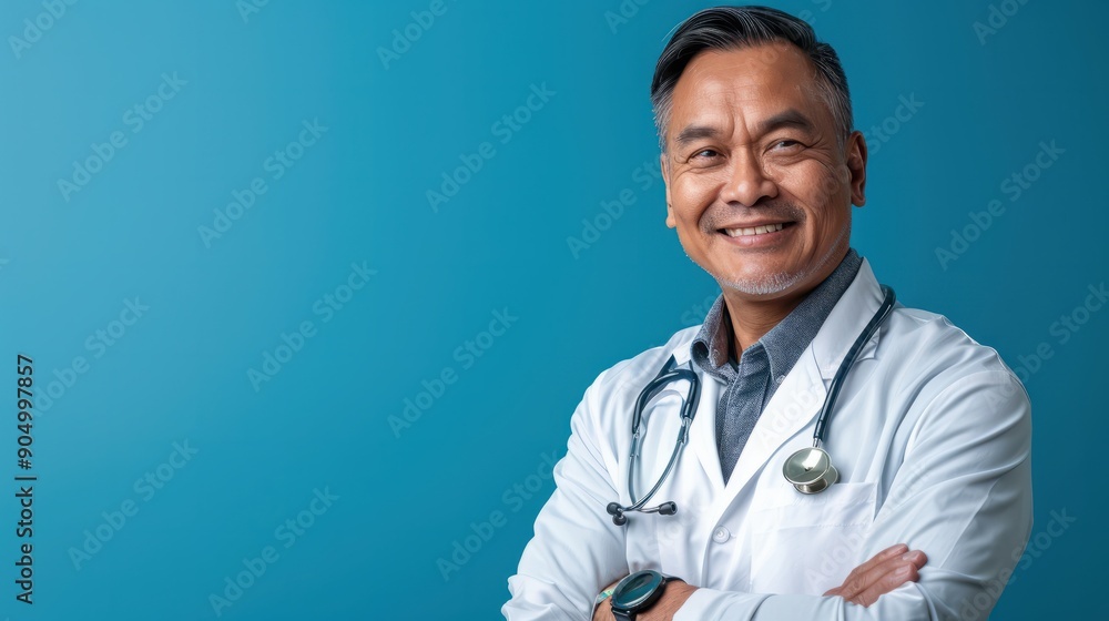 Smiling asian man physician in a white coat on blue background. Smiling asian man physician in a white coat on blue background.