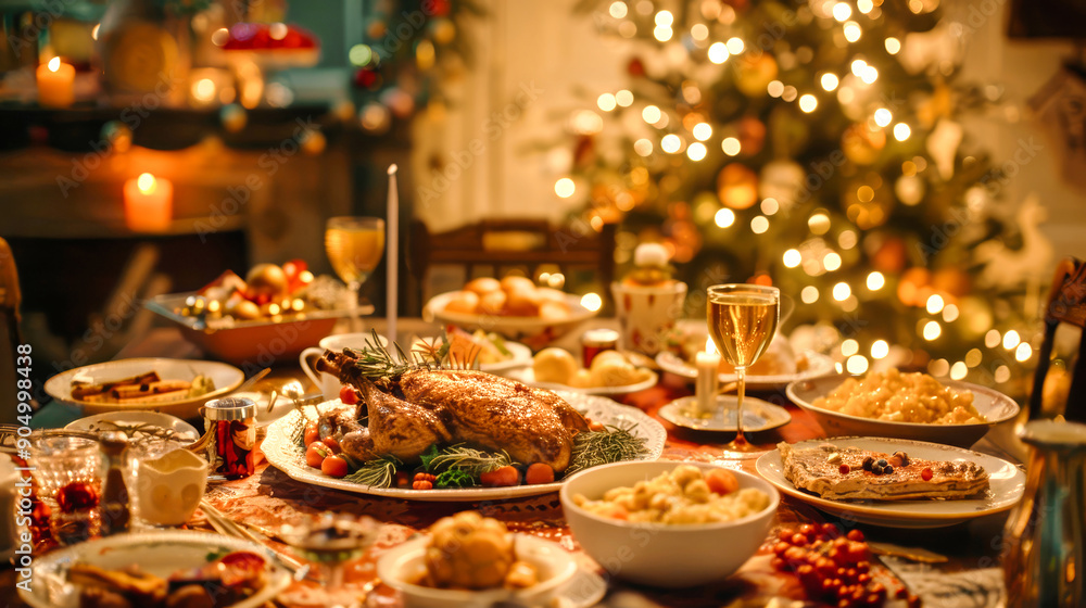 An inviting Christmas dinner table features a roasted turkey, side dishes, and wine. A glowing Christmas tree in the background enhances the festive atmosphere An inviting Christmas dinner table features a roasted turkey, side dishes, and wine. A glowing Christmas tree in the background enhances the festive atmosphere