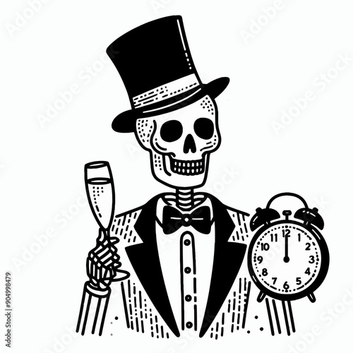 Skeleton in a tuxedo holding a clock New Year celebration party Silhouette   Cute Doodle Cartoon Line Art Vector Clipart illustration