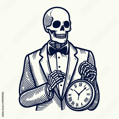 Skeleton in a tuxedo holding a clock New Year celebration party Silhouette   Cute Doodle Cartoon Line Art Vector Clipart illustration