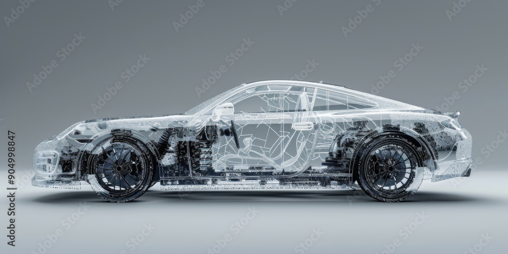 Fototapeta premium 3D Rendered Car Silhouette with Intricate Details, Set Against a Neutral Gray Background for Versatile Use in Automotive Visualizations.
