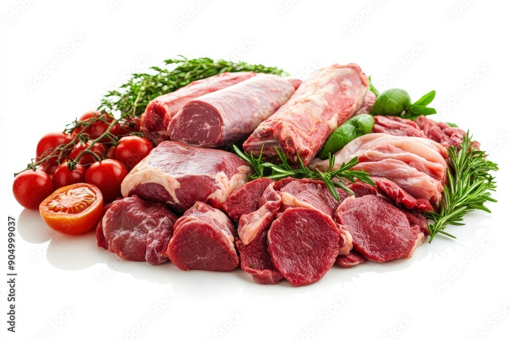 Meat assortment, different raw meat isolated on white background, full depth of field , ai Meat assortment, different raw meat isolated on white background, full depth of field , ai