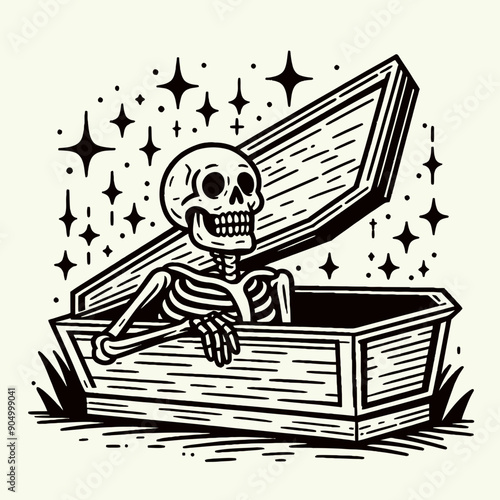  Skeleton popping out of a coffin Silhouette   Cute Doodle Cartoon Line Art Vector Clipart illustration