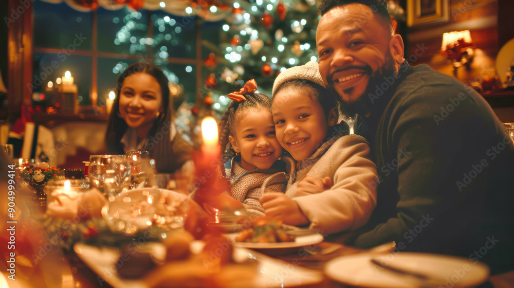 A happy family enjoys Christmas Eve dinner at a restaurant, smiling and sharing joyful moments with delicious food and festive decorations A happy family enjoys Christmas Eve dinner at a restaurant, smiling and sharing joyful moments with delicious food and festive decorations