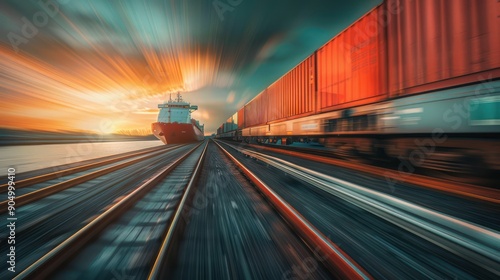 Composite image of a cargo ship and a freight train in motion.