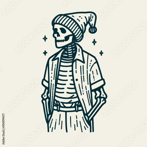  Skeleton wearing a skeleton costume Silhouette Cute Doodle Cartoon Line Art Vector Clipart illustration  