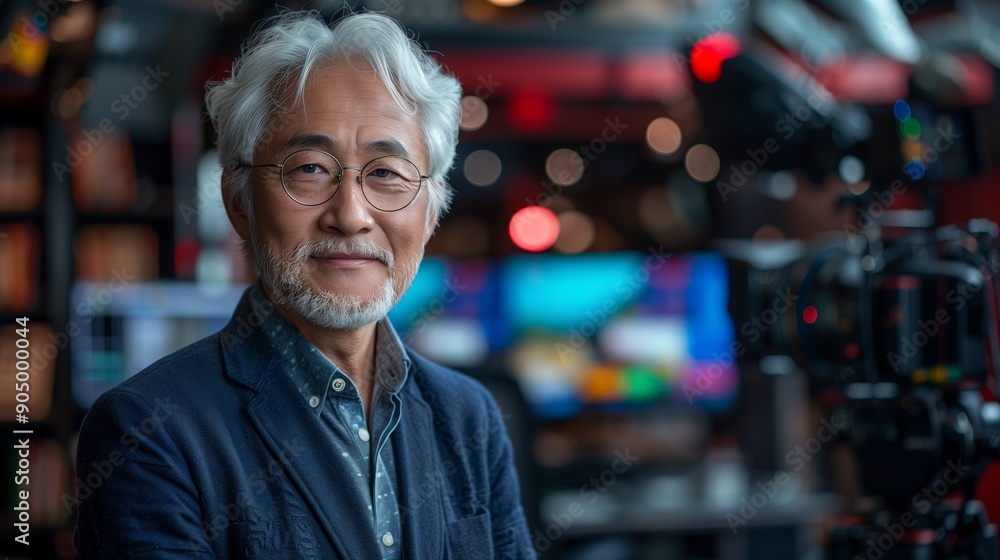 Fototapeta premium Distinguished Older Man Smiling Confidently in a Modern Studio Environment During an Interview Session