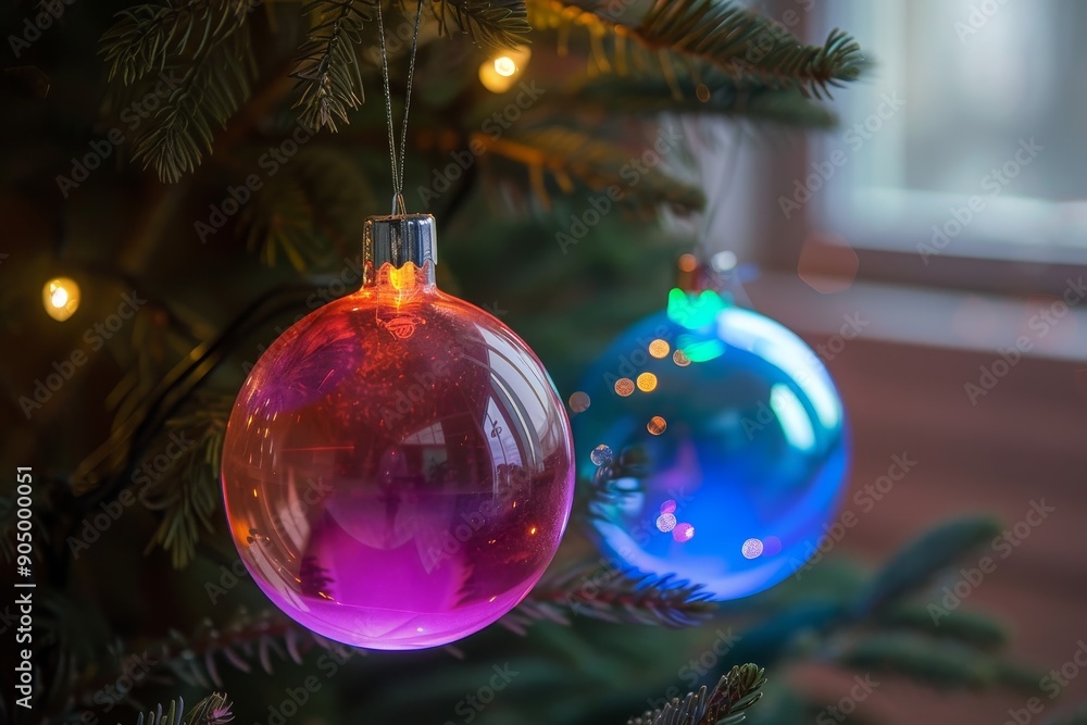 Two glowing LED ornaments hanging from a Christmas tree with customizable light settings, Glowing LED ornaments with customizable light settings Two glowing LED ornaments hanging from a Christmas tree with customizable light settings, Glowing LED ornaments with customizable light settings