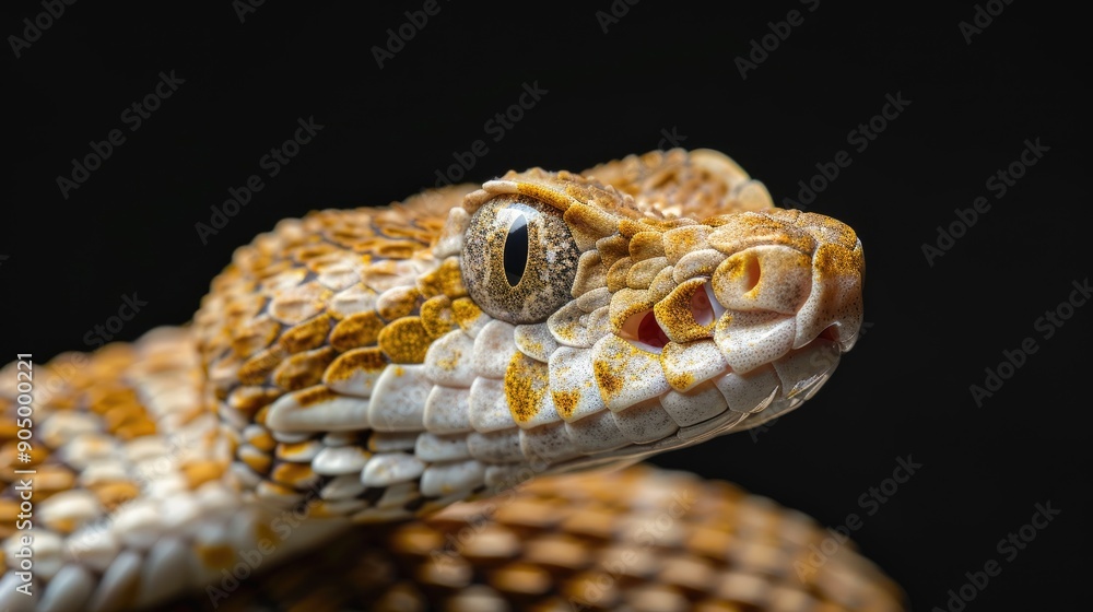 Obraz premium Rattlesnake with spots on black backdrop