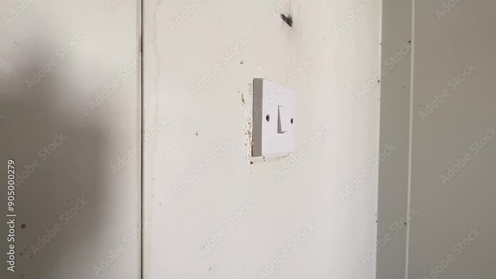 turning on light in dark room by pushing switch on white wall