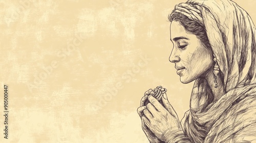 Israelite Woman Offers Beautifully Crafted Jewelry, Showing Dedication and Joy - Biblical Illustration, Bible Wall Art, Beige Background - Exodus Offerings for the Sanctuary