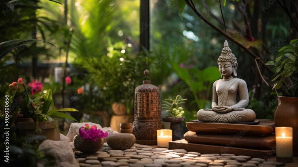 Buddha statue and many small candles in tropical jungle exterior. Neural network ai generated art Buddha statue and many small candles in tropical jungle exterior. Neural network ai generated art