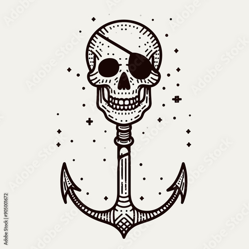  Skeleton with an eyepatch and hook Silhouette Cute Doodle Cartoon Line Art Vector Clipart illustration  
