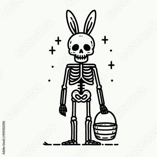  Skeleton with bunny ears holding an Easter basket Silhouette Cute Doodle Cartoon Line Art Vector Clipart illustration  