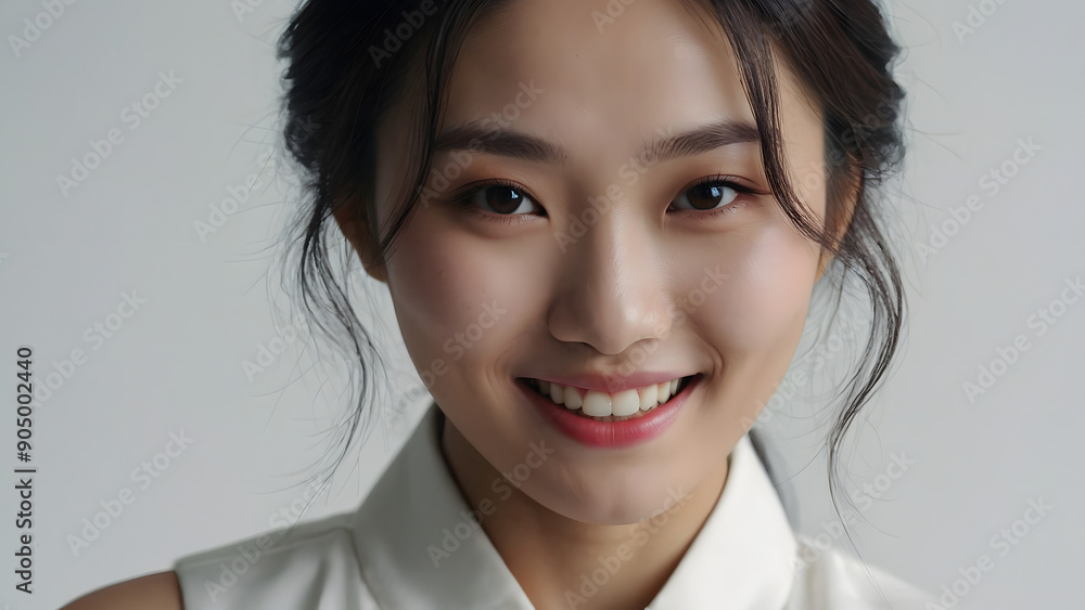 Young Korean woman hair neatly tied in a bun dressed in light clothes smiling on light background Young Korean woman hair neatly tied in a bun dressed in light clothes smiling on light background