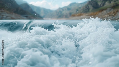 Close-up shot of powerful water jets gushing from a dam's spillway. photo