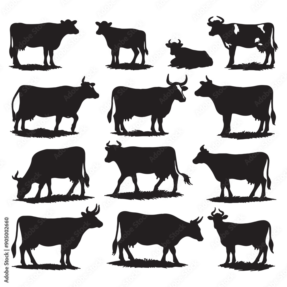 set of cows silhouettes on white set of cows silhouettes on white