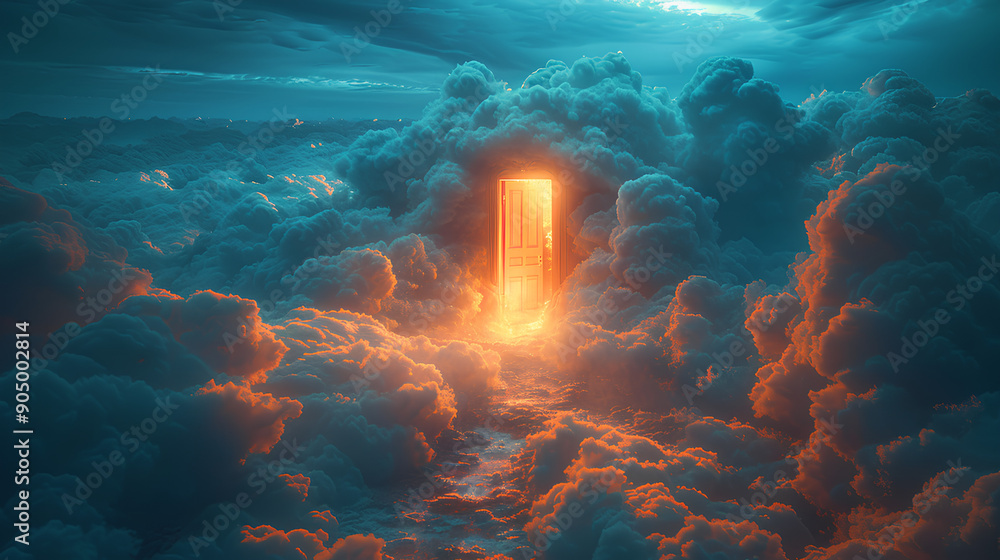 photo of a white door above the clouds with bright, glowing clouds in the background photo of a white door above the clouds with bright, glowing clouds in the background