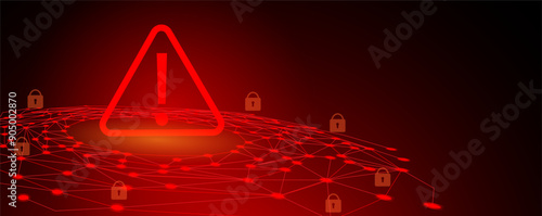 security hacker risk or cybercrime concept. Attention warning attacker alert sign and computer security protection notify danger. Technology red background