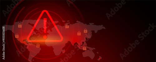 Computer security or hacking concepts. Attention warning attacker alert sign and computer security protection notify danger. Technology red background