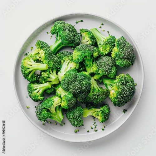 A plate of broccoli florets on a white background. The florets are green and fresh-looking.