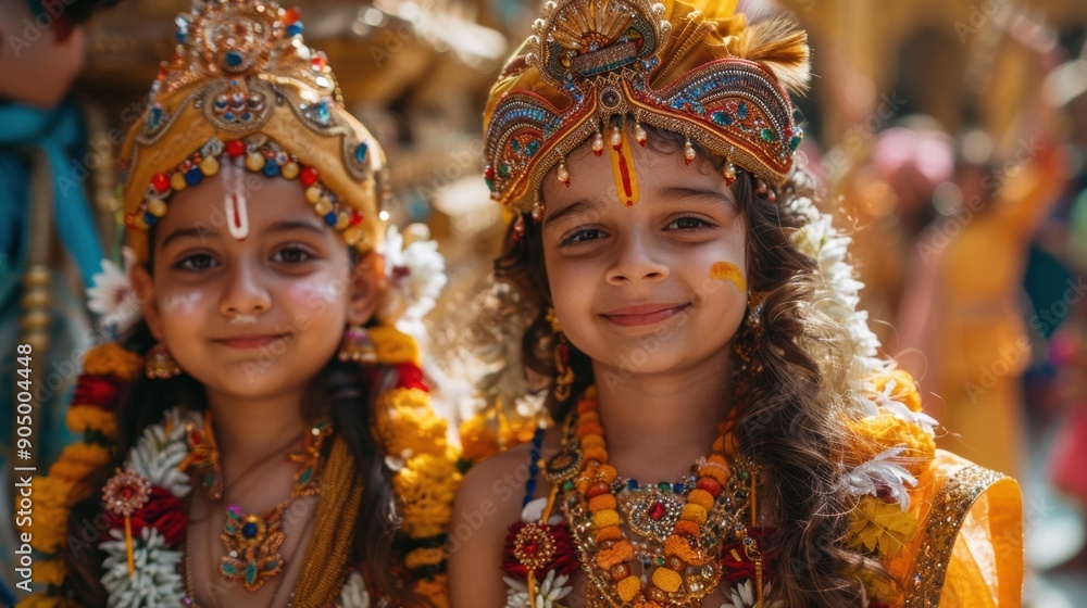 Smiling Children Dressed as Krishna with Elaborate Headgear and Floral Jewelry Celebrating Janmashtami Festival in Traditional Indian Attire Smiling Children Dressed as Krishna with Elaborate Headgear and Floral Jewelry Celebrating Janmashtami Festival in Traditional Indian Attire
