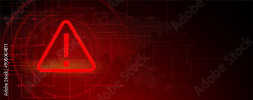 Hacking concept. Attention warning attacker alert sign and computer security protection notify danger. Technology red background