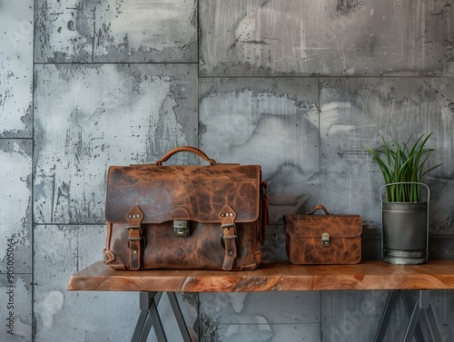 Vintage leather briefcase on contemporary desk with organized contents against concrete wall photo