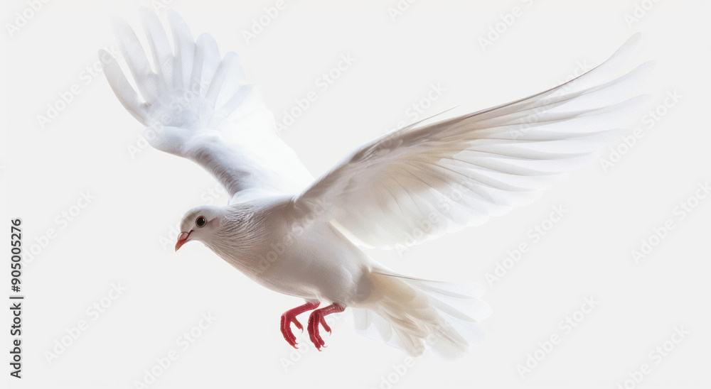 A white dove flying, set against a plain background, evoking a tranquil atmosphere. A white dove flying, set against a plain background, evoking a tranquil atmosphere.