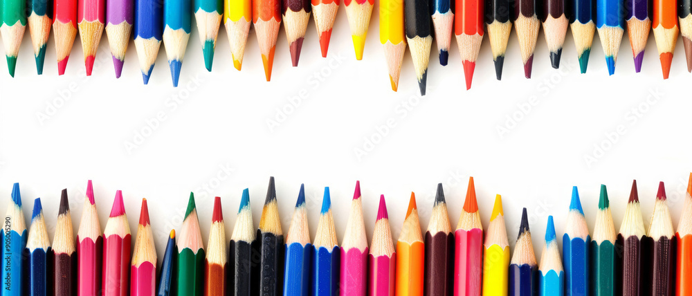 Colorful pencils arranged in rows on a white background, ideal as a border or design element for creative work. Colorful pencils arranged in rows on a white background, ideal as a border or design element for creative work.