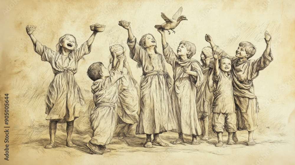 Fototapeta premium Children Excitedly Collecting Manna, Holding It Up to Show Parents, Joy on Faces - Biblical Illustration, Bible Wall Art, Beige Background - Exodus Manna and Quail